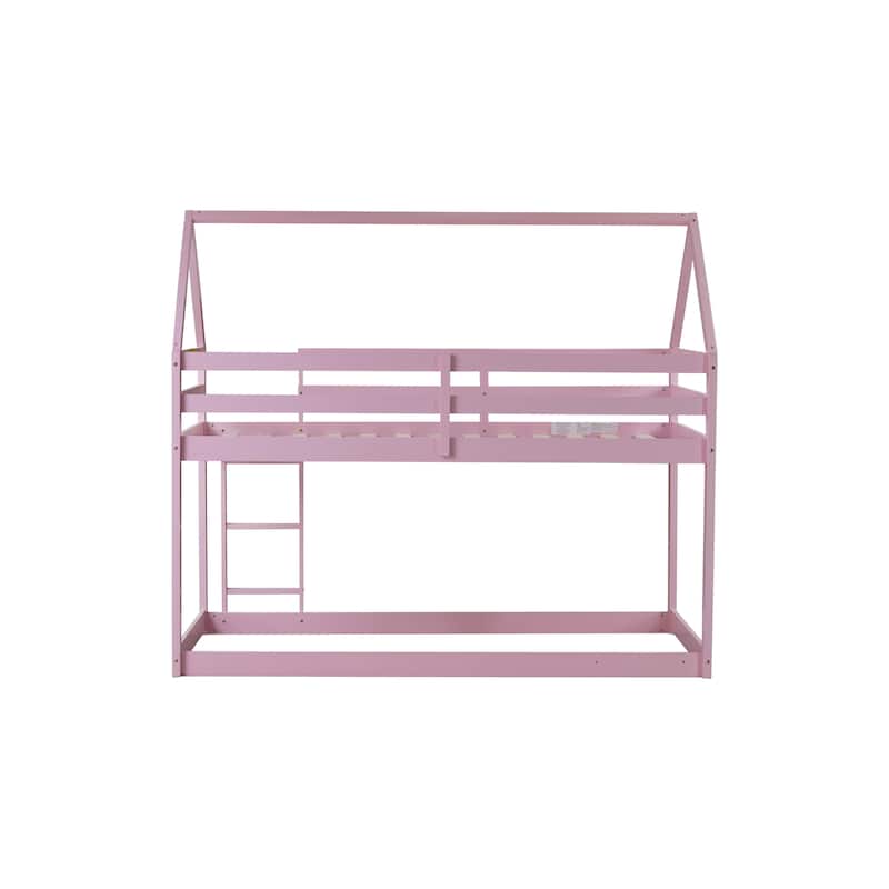 Twin over Twin Rubber Wood Floor Bunk Bed, with ladder,Guardrails,House-Shaped-Bunk Bed