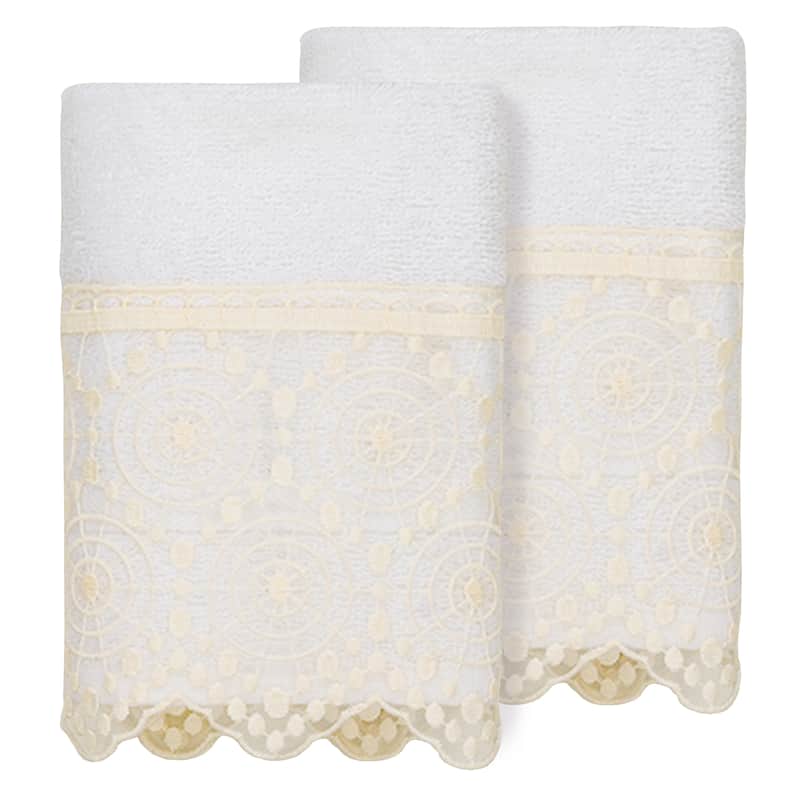 Authentic Hotel and Spa 100% Turkish Cotton Arian 2PC Cream Lace Embellished Washcloth Set - White