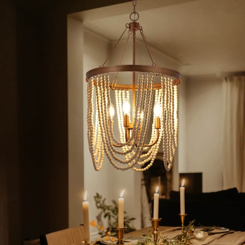 Renia Empire Farmhouse Wood Beaded Coastal Chandelier 4-light Empire Hanging Lights for Living Room Bedroom