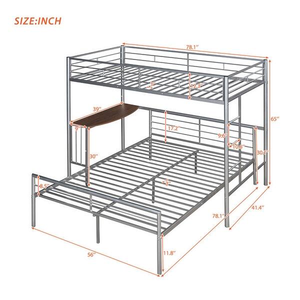 Twin Over Full Bunk Bed with Desk, Metal Bed with Ladder, Kid's Bed with Quality Slats for Bedroom, Metallic Silver