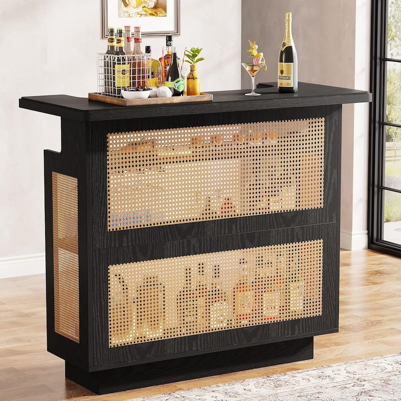 4-Tier Home Bar Unit, Liquor Bar Table, Mini Bar with Wine Racks and Glass Holder, Farmhouse Bar Table