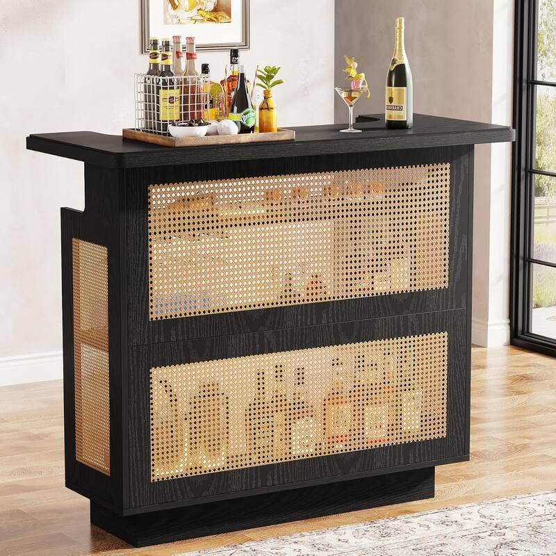 Rattan Home Bar Unit, Farmhouse 4-Tier Bar Table with 4 Stemware Racks - Black