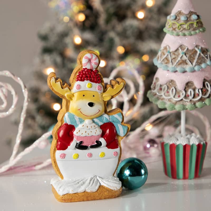 Gingerbread Reindeer with Cupcake Christmas Figurine - 7"