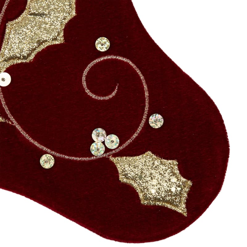 20.5-Inch Velvet Gold and Maroon Etched Cuff Christmas Stocking