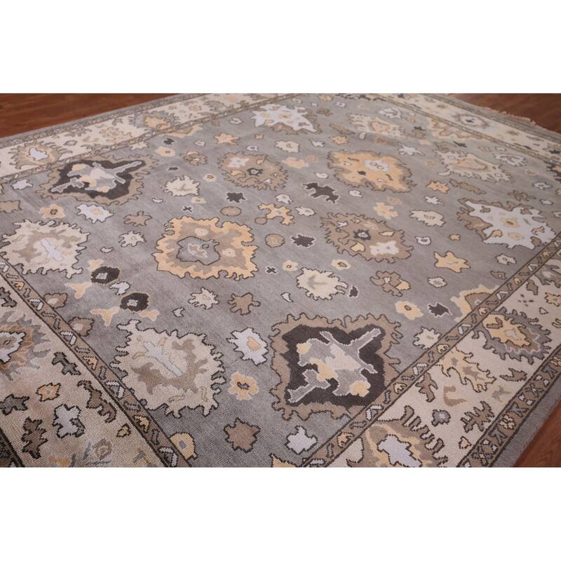 Gray Oushak Oriental Area Rug Handmade Floral Wool Carpet - 9'0" x 11'8"