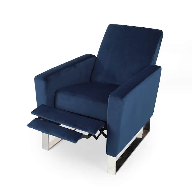 Blue Modern Velvet Push-Back Recliner with Footrest, Stainless Steel Legs