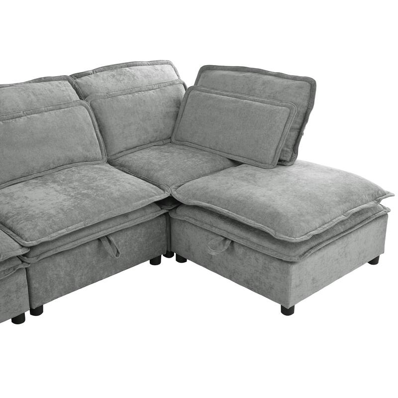 Double-Layer Cushion Modular 4-Seater Sofa with Storage, Grey Polyester, 65x63x32 inches