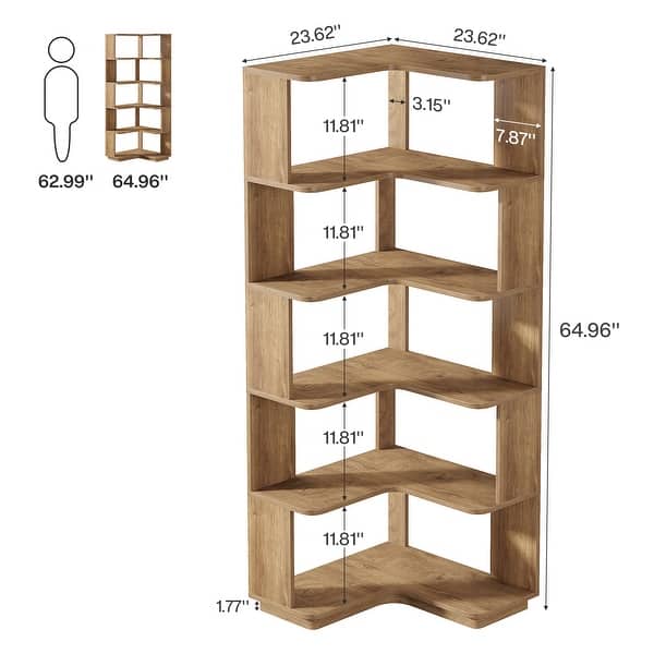 dimension image slide 3 of 6, 6-Tier Corner Bookshelf, 64.9 Inch Industrial Bookcase with Baffles
