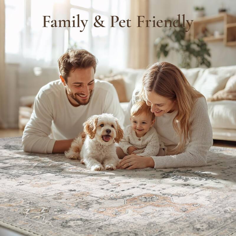 Mcow Vintage Light Taupe Brown Floral Low Pile Machine Washable Runner Rug