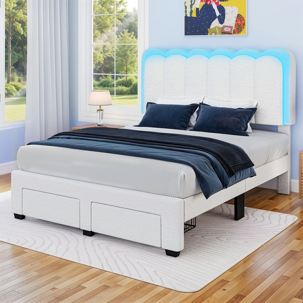 Adjustable Headboard Lamb Wool Bed Frame with Drawer and Charging Station & LED Lights