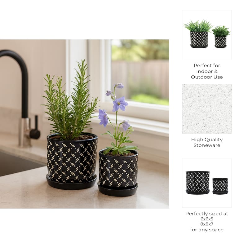 Ceramic Dots Saucer Planters Set of 2 - Black, 6/8 in.