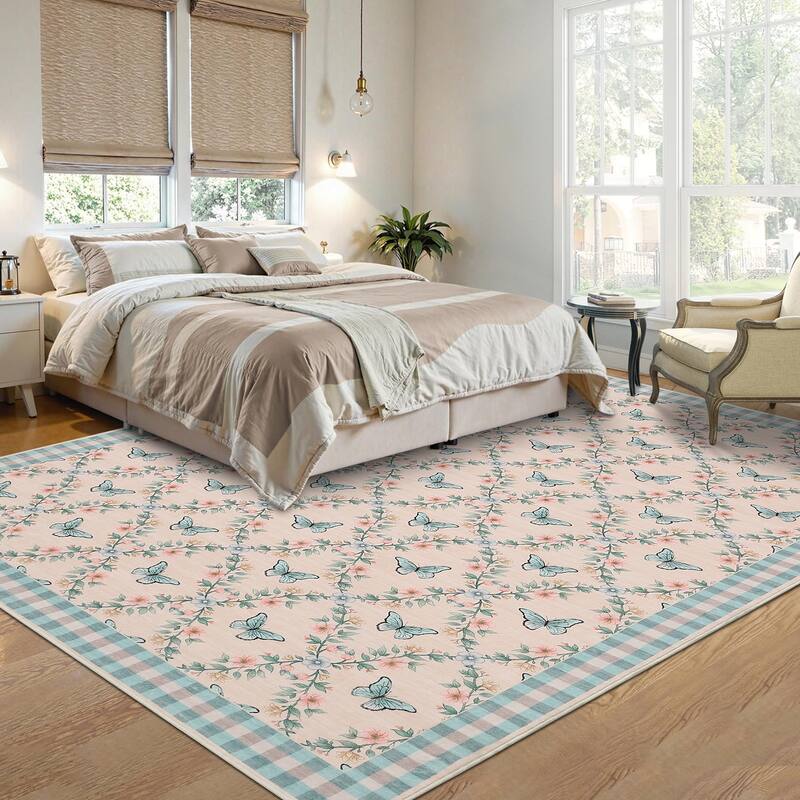 Butterfly Pattern Rugs for Living Room, Modern Floral Area Rug, Washable Border Plaid Non Slip Floor Carpet