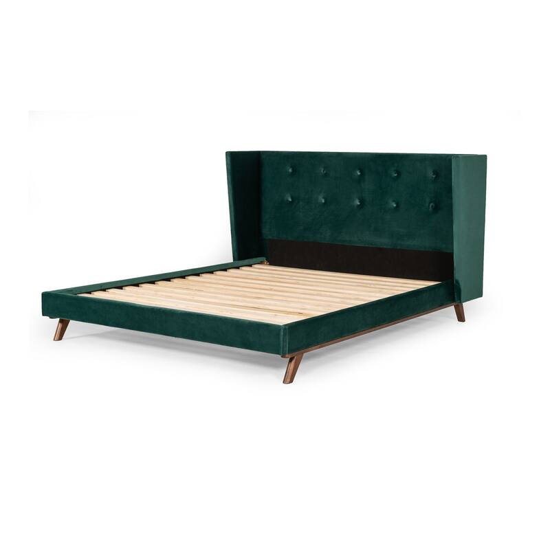 Dury Queen Size Platform Bed, Green Velvet Upholstery, Tufted Wingback