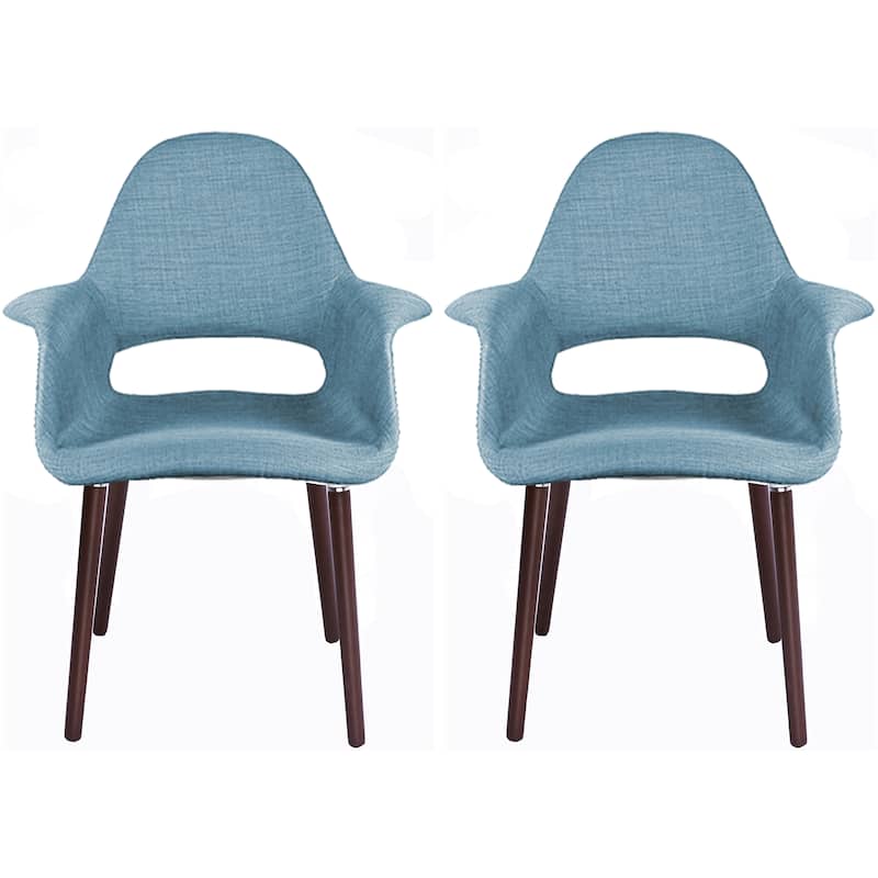 Set of 2 Organic Upholstered Fabric Modern Armchairs with Dark Walnut Brown Wooden Legs for Dining Room Office or Accent Chair - Blue