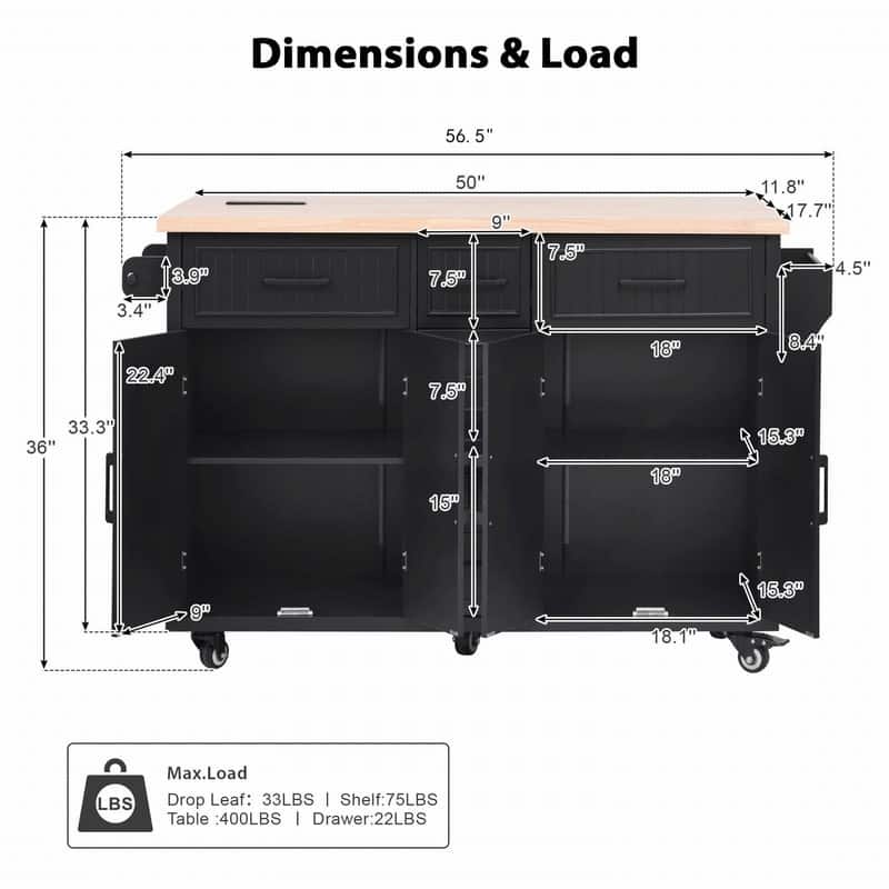 56.5" Kitchen Island with Drop Leaf and Charging Station, Rolling Kitchen Cart on Wheels with Drawers and Adjustable Shelves
