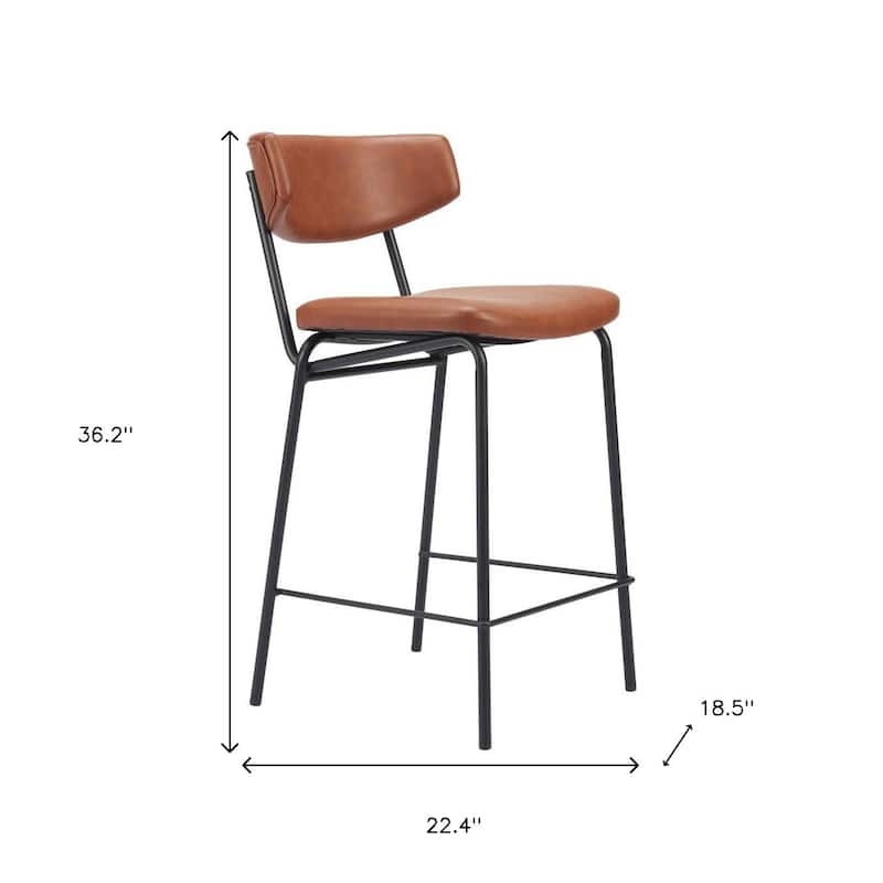 HomeRoots Set of Two 30" Brown and Black Faux Leather and Steel Low Back Bar Height Bar Chairs