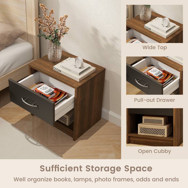 Gymax 2 PCS Nightstand w/ Drawer Side Table w/ Slide-out Drawer Open