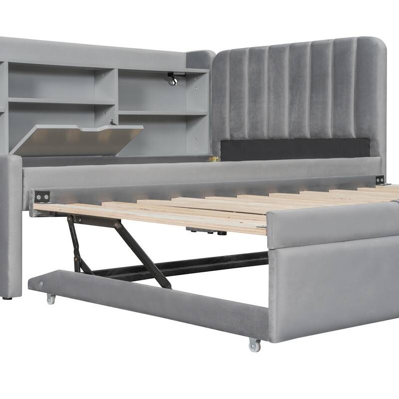 Twin Size Upholstered Daybed with Trundle, Storage Platform Bed Frame with Shelves and Charging Station