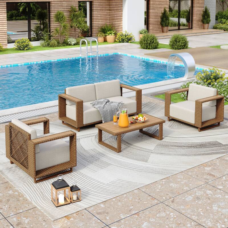 MAISON ARTS 6-Piece Modular Arc Rattan Sofa Set - Wide Armrests & Thick Cushions | Durable PE Wicker & Wood-Plastic. - E.