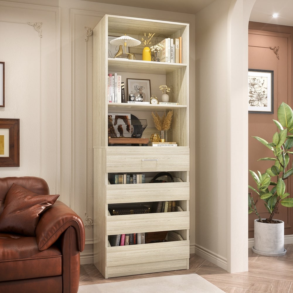 80'' H x 21.3'' W Wood Standard Bookcase with 4 Drawers,Morden Freestanding Storage and Display Bookshelf