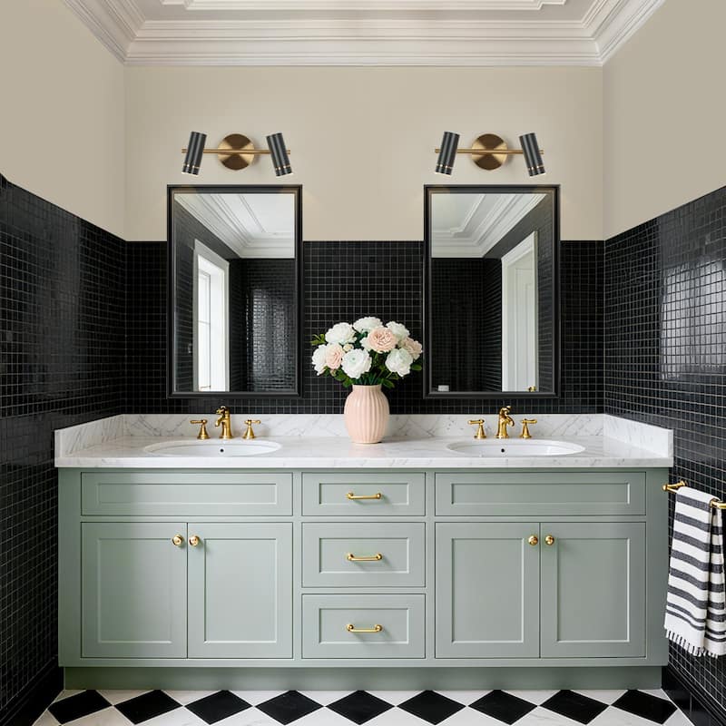 Modern Black Gold 2-Light LED Bathroom Vanity Light with Cylinder Shades - 16" L x 7.5" W x 6.5" H