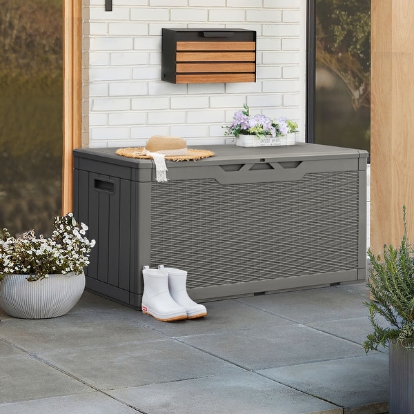 Furniwell 100 Gallon Resin Deck Box Outdoor Waterproof Storage Box with Air Rod Outdoor Lockable Storage Bench