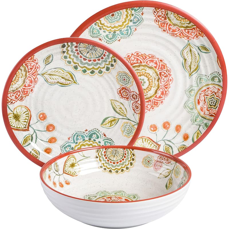 Brick Floral Ripple 12 Piece Melamine Dinnerware Set in Red
