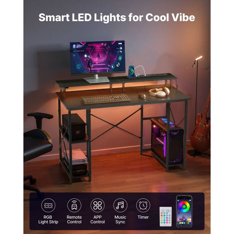 47" Black Computer Desk with RGB Lighting and Built-In Power Strip USB Ports Adjustable Storage Shelf