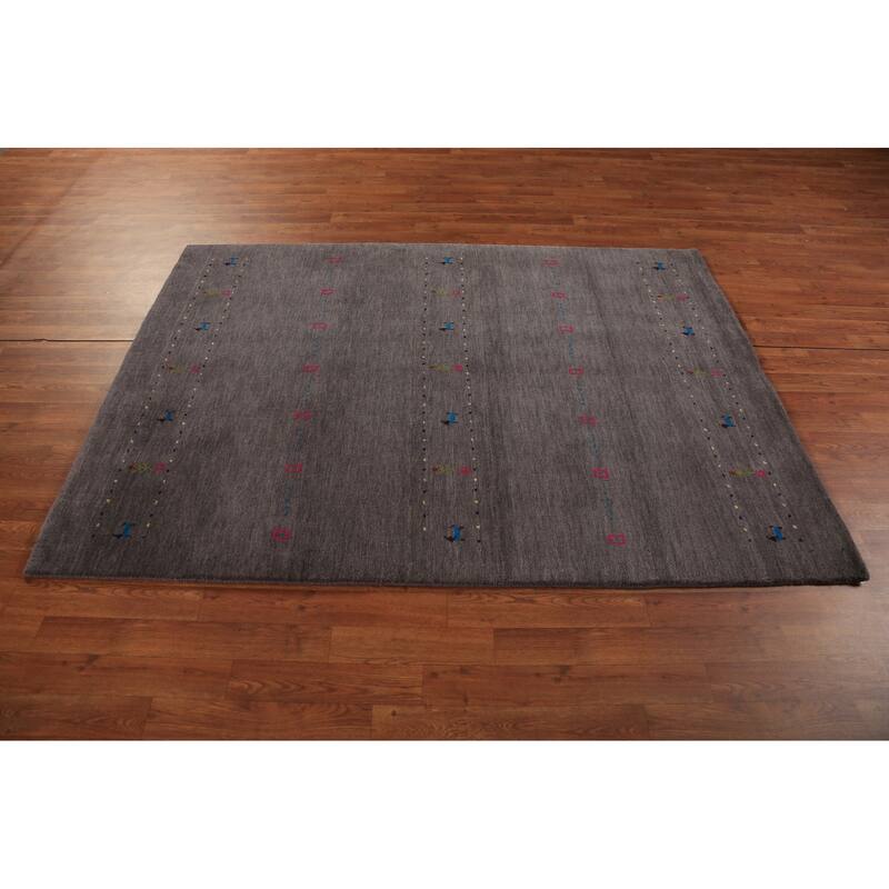 Tribal Charcoal Gabbeh Oriental Rug Handmade Wool Carpet - 4'8"x 6'7"