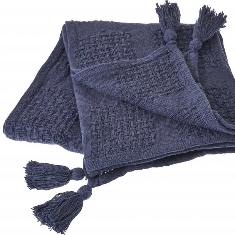 HomeRoots 50" X 60" Navy Blue Woven Cotton Throw Blanket with Tassels