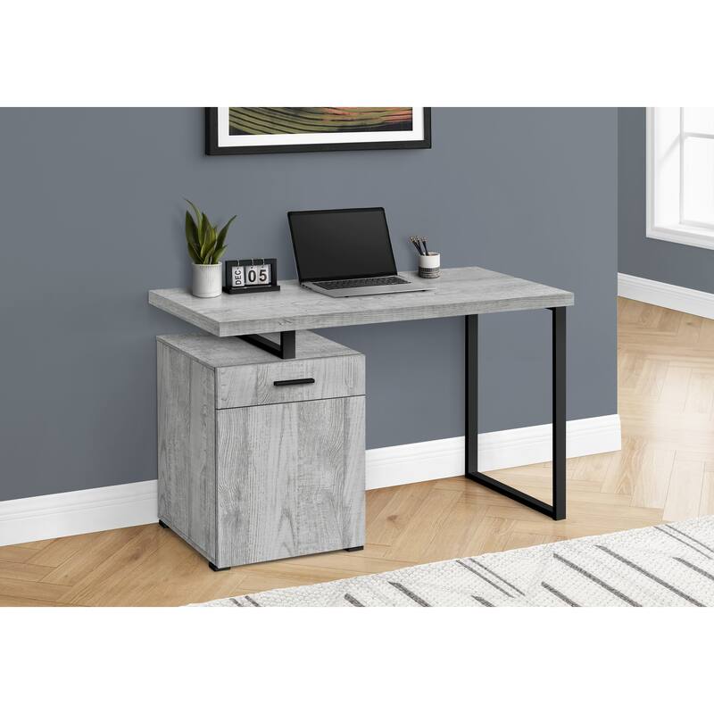 48" Computer Desk with Storage, Left or Right Setup, Dark Taupe Laminate, Black Metal Legs, Modern Work Desk