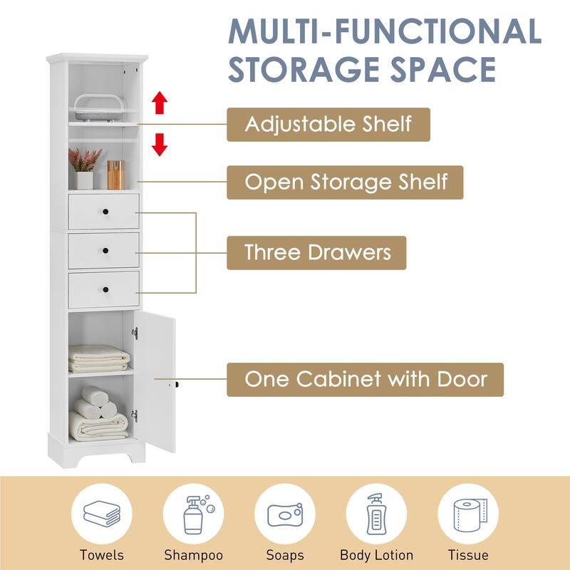 White Tall Bathroom Cabinet, Freestanding Storage Cabinet with 3 Drawers and Adjustable Shelf Minimalist Storage Cabinet