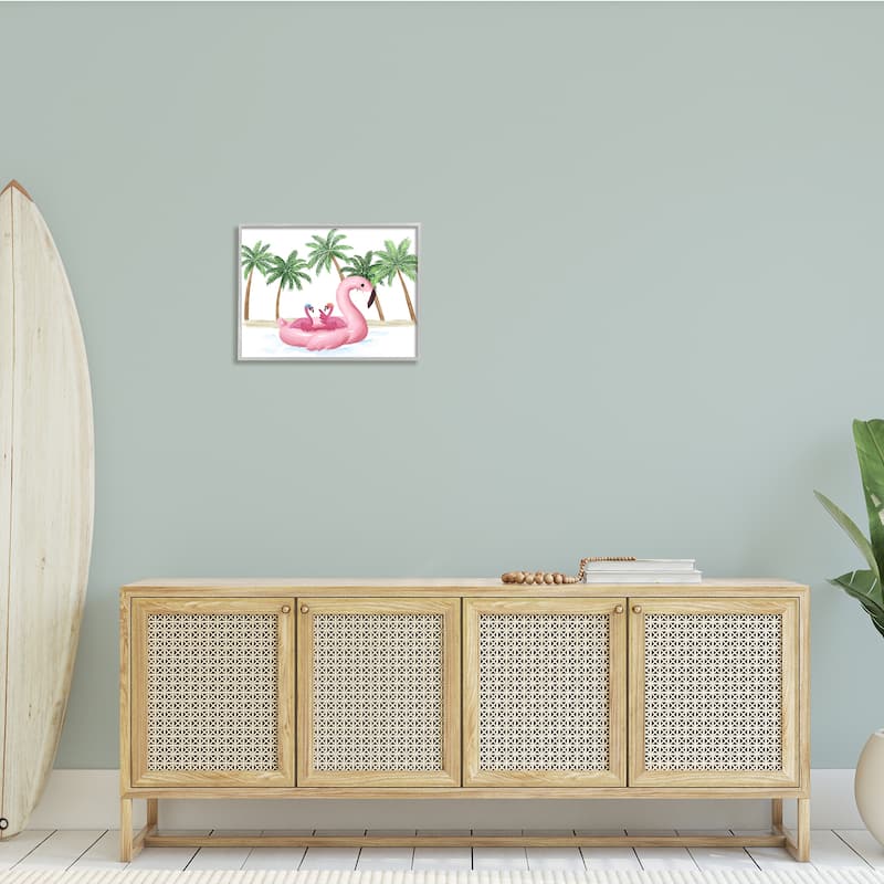 Stupell Pink Flamingo Tropical Beach Float Party Palm Trees Framed Wall Art