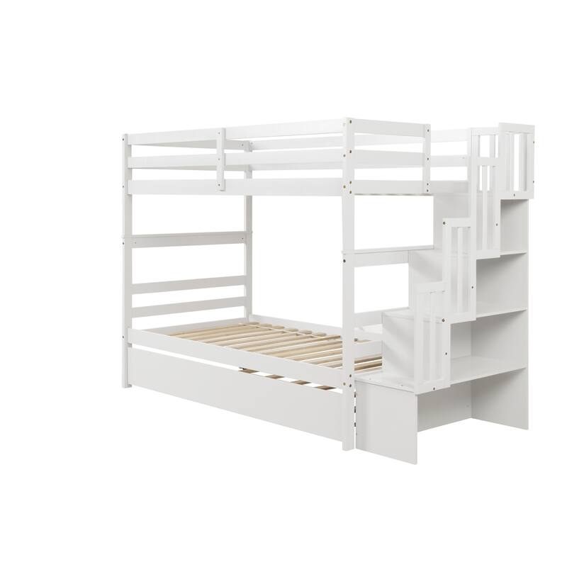 Detachable Twin over Twin Bunk Bed Frame, Solid Wood Bunk Bed with Storage Stairs and Trundle Bed, Divided Into 2 Separate Beds