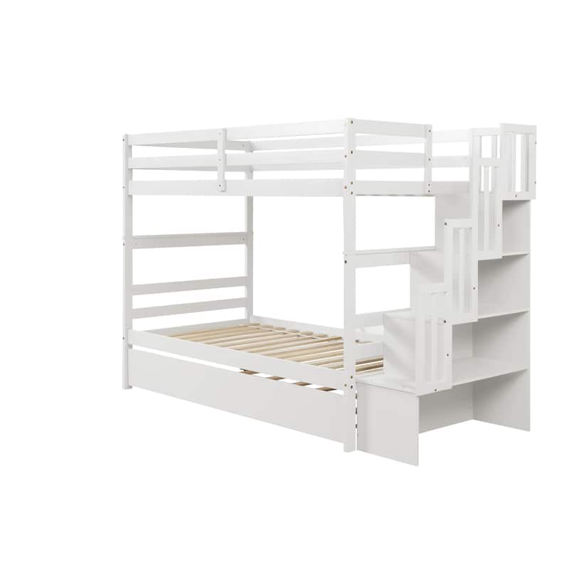 Twin Over Twin Pine Bunk Bed with Trundle and Storage Staircase
