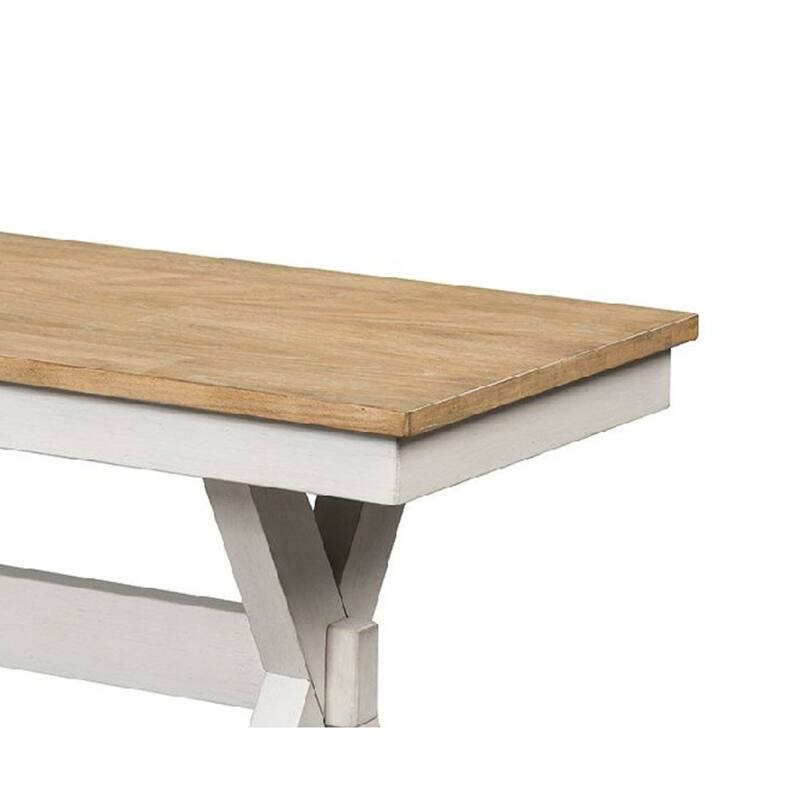 Pury Dining Bench, 48 Inch Light Brown Plank Seat, Antique White Base