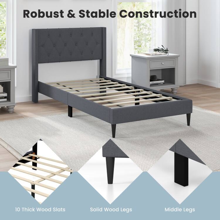 Upholstered Platform Bed with Button Tufted Wingback Headboard