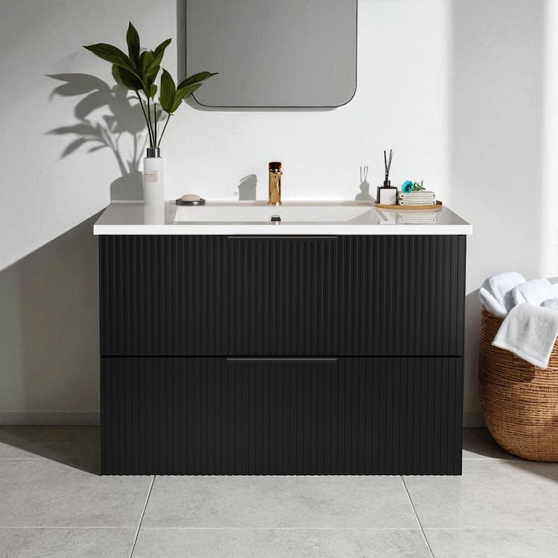 30 Inch Floating Bathroom Vanity with Ceramic Sink, Wall Mounted Fluted Cabinet with Drawers, Modern MDF Design - Matte Black