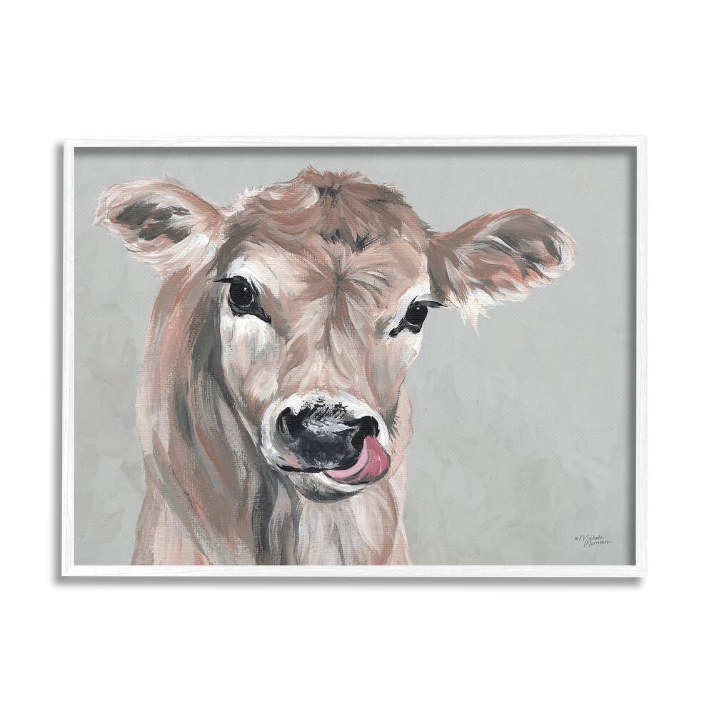 Stupell Cute Baby Farm Cow Calf Licking Lips Portrait Framed Wall Art - Grey