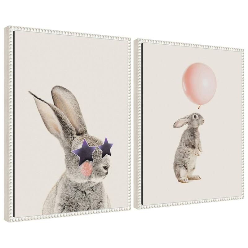 Kate and Laurel Sylvie Beaded The Bunny Star Glasses and The Bunny Pink Balloon Framed Canvas Art Set by July Art Prints - 2 Piece Set 18x24