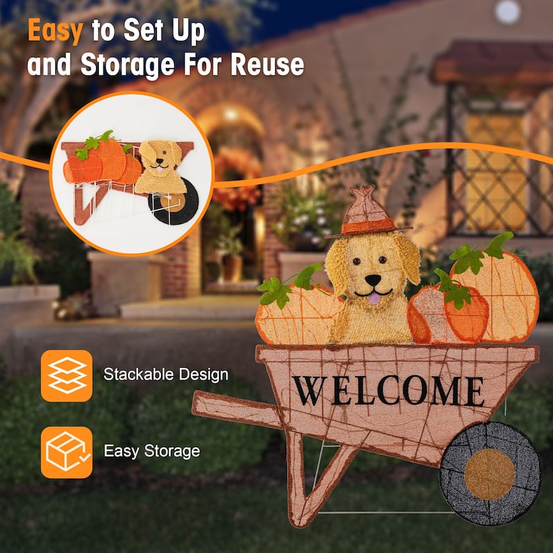Glitzhome 3ft Lighted Fall Pumpkin Wheel Barrow with Labrador Outdoor Decor - 38.25"L x 0.5"W x 36.25"H