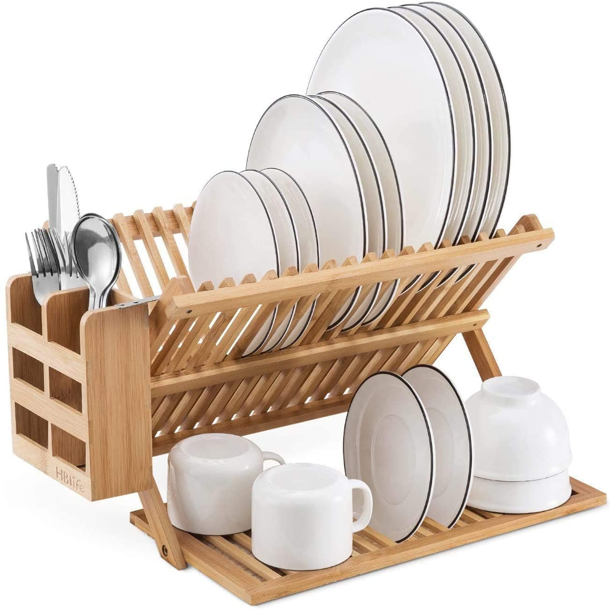 Bamboo Dish Drying Rack Large Folding Drying Holder for Kitchen,  Collapsible Drainer, Cups and Utensils Holder - Bamboo