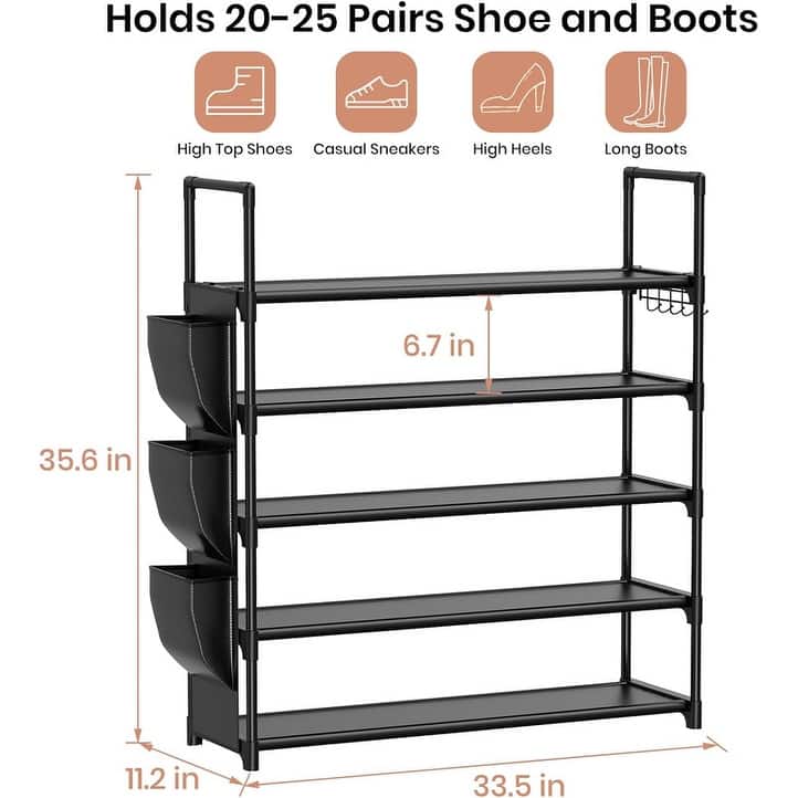 5 Tier Shoe Rack with Hook and Side Pocket - 11.2"D x 33.5"W x 35.6"H