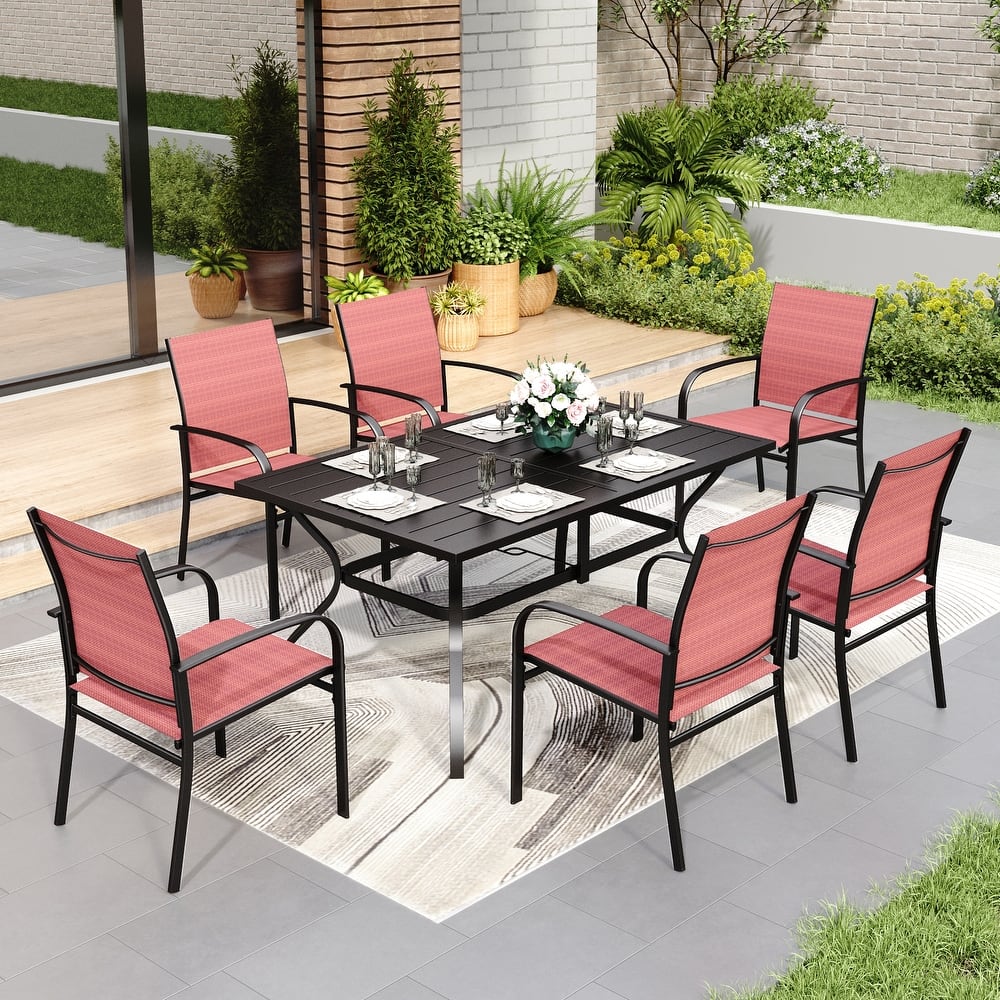 MAISON ARTS Patio Dining Set 7 Piece Metal Rectangle Table and 6 Textilene Chairs