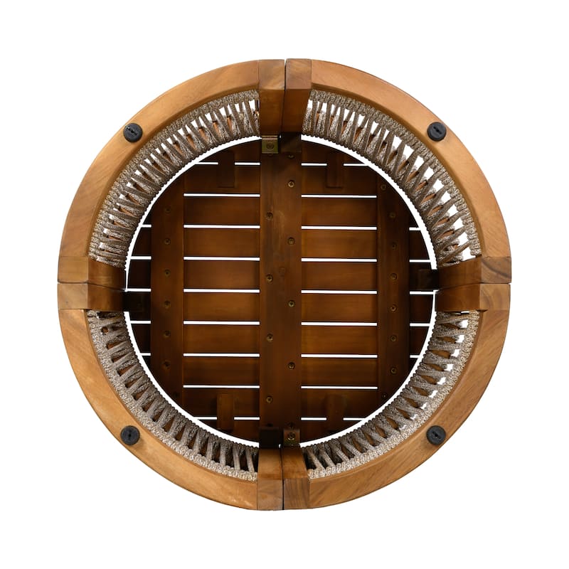 Roomfitters 16.9" Round Acacia Wood Outdoor Side Table, Handwoven Rope Accent Patio End Table, Teak