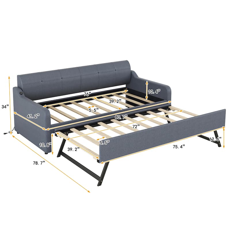 Twin Size Daybed with Trundle & USB Charging Design, Upholstered Sofa Bed with Backrest, Trundle Can be Flat or Erected