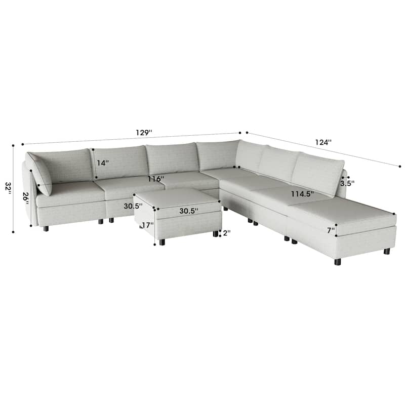 129'' Versatile 8 Seater Modular Sectional Sofa Set, Convertible Design with Storage Ottoman, Soft Fabric Upholstery