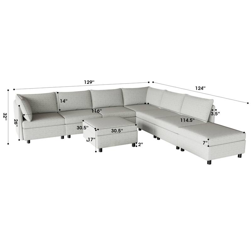 Grey 129'' Convertible 8-Seater Modular Sofa with Storage