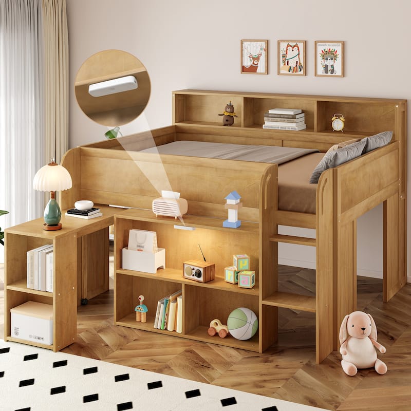 Full Size Wood Kids Loft Bed Frame with Pull-out Desk, Multiple Storage Bookshelf Built-in LED - Walnut - Full