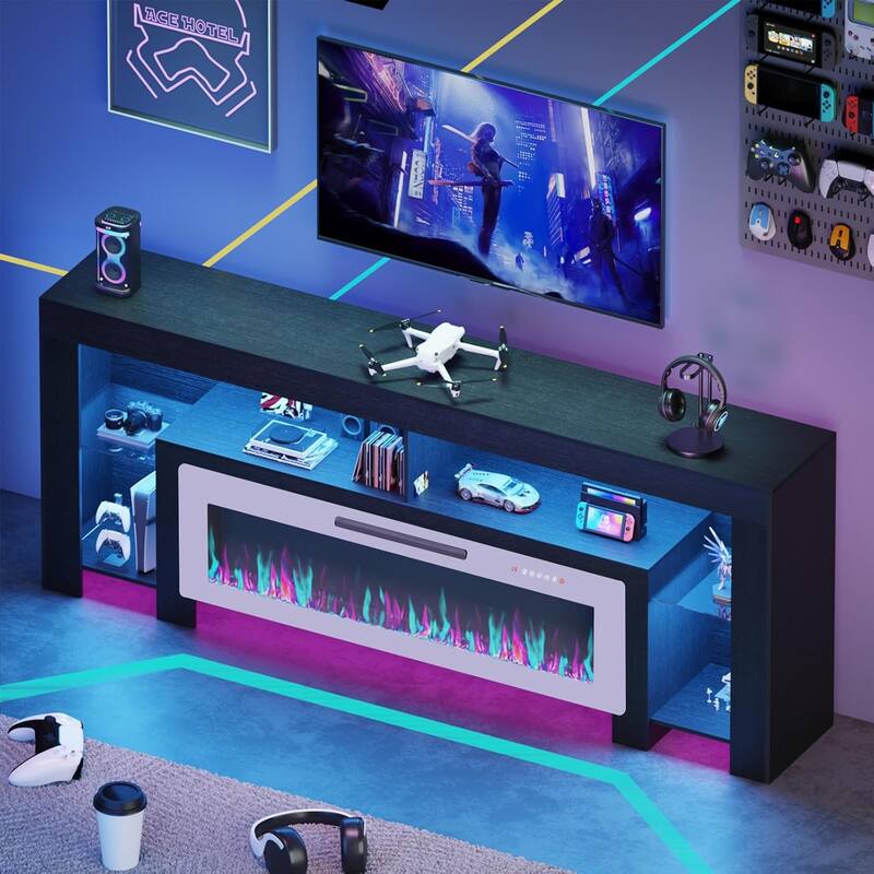 BOSSIN 82" Fireplace TV Stand with 50" Fireplace, Entertainment Center for TVs Up to 90", Console Cabinet With LED Light